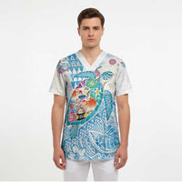 Hawaiian and Japanese Culture Together Scrub Top Tropical Honu with Japanese Elements Blue Color LT03 - Polynesian Pride