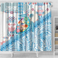 Hawaiian and Japanese Culture Together Shower Curtain Tropical Honu with Japanese Elements Blue Color LT03 - Polynesian Pride