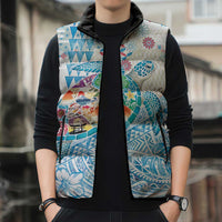 Hawaiian and Japanese Culture Together Sleeveless Puffer Jacket Tropical Honu with Japanese Elements Blue Color LT03 - Polynesian Pride
