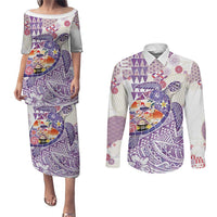Hawaiian and Japanese Culture Together Couples Matching Puletasi and Long Sleeve Button Shirt Tropical Honu with Japanese Elements Purple Color