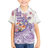 Hawaiian and Japanese Culture Together Family Matching Long Sleeve Bodycon Dress and Hawaiian Shirt Tropical Honu with Japanese Elements Purple Color