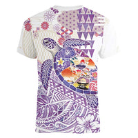 Hawaiian and Japanese Culture Together Women V-Neck T-Shirt Tropical Honu with Japanese Elements Purple Color