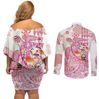 Hawaiian and Japanese Culture Together Couples Matching Off Shoulder Short Dress and Long Sleeve Button Shirt Tropical Honu with Japanese Elements Pink Color