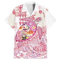 Hawaiian and Japanese Culture Together Family Matching Off Shoulder Short Dress and Hawaiian Shirt Tropical Honu with Japanese Elements Pink Color