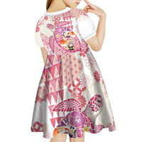 Hawaiian and Japanese Culture Together Kid Short Sleeve Dress Tropical Honu with Japanese Elements Pink Color