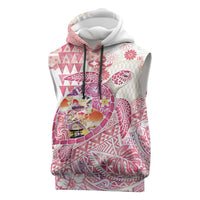 Hawaiian and Japanese Culture Together Sleeveless Hoodie Tropical Honu with Japanese Elements Pink Color