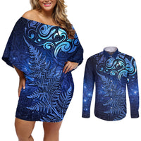 New Zealand Matariki Couples Matching Off Shoulder Short Dress and Long Sleeve Button Shirt Maori Pattern and Silver Fern LT03 Blue - Polynesian Pride