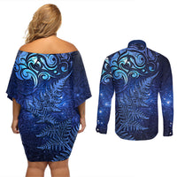 New Zealand Matariki Couples Matching Off Shoulder Short Dress and Long Sleeve Button Shirt Maori Pattern and Silver Fern LT03 - Polynesian Pride