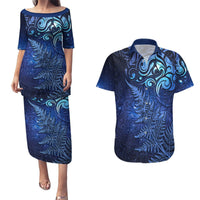 New Zealand Matariki Couples Matching Puletasi and Hawaiian Shirt Maori Pattern and Silver Fern LT03 Blue - Polynesian Pride