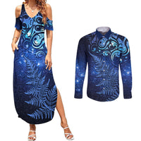 New Zealand Matariki Couples Matching Summer Maxi Dress and Long Sleeve Button Shirt Maori Pattern and Silver Fern LT03 Blue - Polynesian Pride