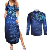 New Zealand Matariki Couples Matching Summer Maxi Dress and Long Sleeve Button Shirt Maori Pattern and Silver Fern