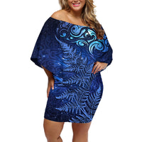 New Zealand Matariki Off Shoulder Short Dress Maori Pattern and Silver Fern LT03 Women Blue - Polynesian Pride