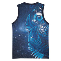 Aotearoa New Zealand New Year Basketball Jersey Tribal Koru Tattoo Blue Galaxy Maori Silver Fern