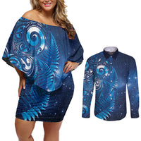 Aotearoa New Zealand New Year Couples Matching Off Shoulder Short Dress and Long Sleeve Button Shirt Tribal Koru Tattoo Blue Galaxy Maori Silver Fern
