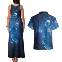 Aotearoa New Zealand New Year Couples Matching Tank Maxi Dress and Hawaiian Shirt Tribal Koru Tattoo Blue Galaxy Maori Silver Fern