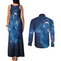 Aotearoa New Zealand New Year Couples Matching Tank Maxi Dress and Long Sleeve Button Shirt Tribal Koru Tattoo Blue Galaxy Maori Silver Fern
