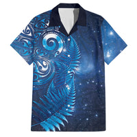 Aotearoa New Zealand New Year Family Matching Off Shoulder Short Dress and Hawaiian Shirt Tribal Koru Tattoo Blue Galaxy Maori Silver Fern