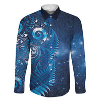 Aotearoa New Zealand New Year Family Matching Off Shoulder Short Dress and Hawaiian Shirt Tribal Koru Tattoo Blue Galaxy Maori Silver Fern