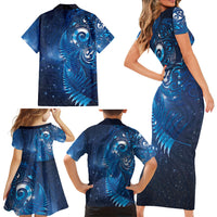 Aotearoa New Zealand New Year Family Matching Short Sleeve Bodycon Dress and Hawaiian Shirt Tribal Koru Tattoo Blue Galaxy Maori Silver Fern
