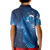 Aotearoa New Zealand New Year Kid Polo Shirt Tribal Koru Tattoo Blue Galaxy Maori Silver Fern