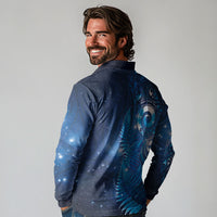 Aotearoa New Zealand New Year Long Sleeve Polo Shirt Tribal Koru Tattoo Blue Galaxy Maori Silver Fern