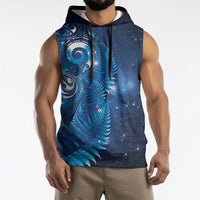 Aotearoa New Zealand New Year Sleeveless Hoodie Tribal Koru Tattoo Blue Galaxy Maori Silver Fern