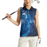 Aotearoa New Zealand New Year Women Sleeveless Polo Shirt Tribal Koru Tattoo Blue Galaxy Maori Silver Fern