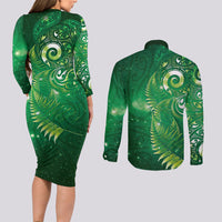 Aotearoa New Zealand New Year Couples Matching Long Sleeve Bodycon Dress and Long Sleeve Button Shirt Tribal Koru Tattoo Green Galaxy Maori Silver Fern