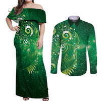 Aotearoa New Zealand New Year Couples Matching Off Shoulder Maxi Dress and Long Sleeve Button Shirt Tribal Koru Tattoo Green Galaxy Maori Silver Fern
