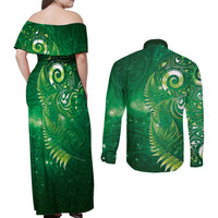 Aotearoa New Zealand New Year Couples Matching Off Shoulder Maxi Dress and Long Sleeve Button Shirt Tribal Koru Tattoo Green Galaxy Maori Silver Fern