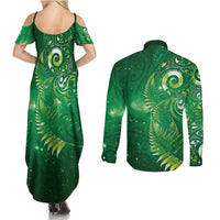 Aotearoa New Zealand New Year Couples Matching Summer Maxi Dress and Long Sleeve Button Shirt Tribal Koru Tattoo Green Galaxy Maori Silver Fern