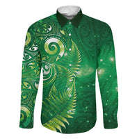 Aotearoa New Zealand New Year Family Matching Long Sleeve Bodycon Dress and Hawaiian Shirt Tribal Koru Tattoo Green Galaxy Maori Silver Fern