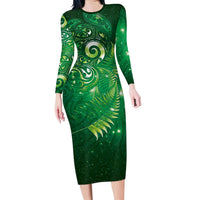 Aotearoa New Zealand New Year Family Matching Long Sleeve Bodycon Dress and Hawaiian Shirt Tribal Koru Tattoo Green Galaxy Maori Silver Fern