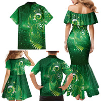 Aotearoa New Zealand New Year Family Matching Mermaid Dress and Hawaiian Shirt Tribal Koru Tattoo Green Galaxy Maori Silver Fern
