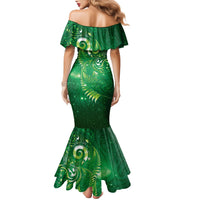 Aotearoa New Zealand New Year Family Matching Mermaid Dress and Hawaiian Shirt Tribal Koru Tattoo Green Galaxy Maori Silver Fern