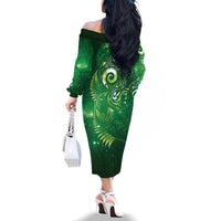Aotearoa New Zealand New Year Family Matching Off The Shoulder Long Sleeve Dress and Hawaiian Shirt Tribal Koru Tattoo Green Galaxy Maori Silver Fern