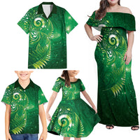 Aotearoa New Zealand New Year Family Matching Off Shoulder Maxi Dress and Hawaiian Shirt Tribal Koru Tattoo Green Galaxy Maori Silver Fern