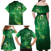Aotearoa New Zealand New Year Family Matching Off Shoulder Maxi Dress and Hawaiian Shirt Tribal Koru Tattoo Green Galaxy Maori Silver Fern