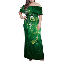 Aotearoa New Zealand New Year Family Matching Off Shoulder Maxi Dress and Hawaiian Shirt Tribal Koru Tattoo Green Galaxy Maori Silver Fern