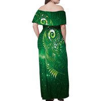 Aotearoa New Zealand New Year Family Matching Off Shoulder Maxi Dress and Hawaiian Shirt Tribal Koru Tattoo Green Galaxy Maori Silver Fern