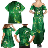 Aotearoa New Zealand New Year Family Matching Summer Maxi Dress and Hawaiian Shirt Tribal Koru Tattoo Green Galaxy Maori Silver Fern