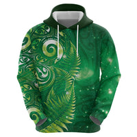 Aotearoa New Zealand New Year Hoodie Tribal Koru Tattoo Green Galaxy Maori Silver Fern
