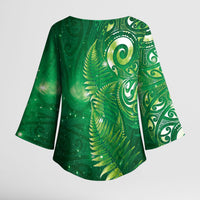 Aotearoa New Zealand New Year Kimono Sleeve Blouse Tribal Koru Tattoo Green Galaxy Maori Silver Fern