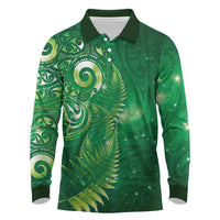 Aotearoa New Zealand New Year Long Sleeve Polo Shirt Tribal Koru Tattoo Green Galaxy Maori Silver Fern