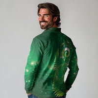 Aotearoa New Zealand New Year Long Sleeve Polo Shirt Tribal Koru Tattoo Green Galaxy Maori Silver Fern