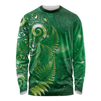 Aotearoa New Zealand New Year Long Sleeve Shirt Tribal Koru Tattoo Green Galaxy Maori Silver Fern