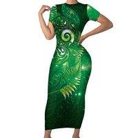 Aotearoa New Zealand New Year Short Sleeve Bodycon Dress Tribal Koru Tattoo Green Galaxy Maori Silver Fern