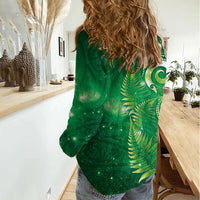 Aotearoa New Zealand New Year Women Casual Shirt Tribal Koru Tattoo Green Galaxy Maori Silver Fern