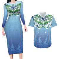 Aotearoa New Zealand New Year Couples Matching Long Sleeve Bodycon Dress and Hawaiian Shirt Maori Motifs with Silver Fern and Matariki Stars
