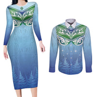 Aotearoa New Zealand New Year Couples Matching Long Sleeve Bodycon Dress and Long Sleeve Button Shirt Maori Motifs with Silver Fern and Matariki Stars